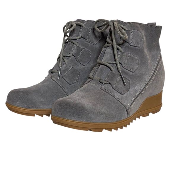 NWOT Sorel Evie US Sz 10 Gray Suede Ankle Booties Lace Up Wedge Weatherproof - Picture 1 of 16